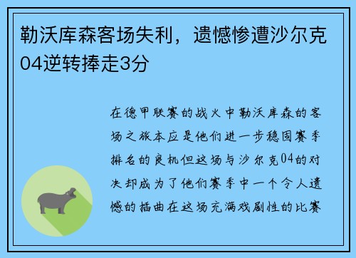 勒沃库森客场失利，遗憾惨遭沙尔克04逆转捧走3分